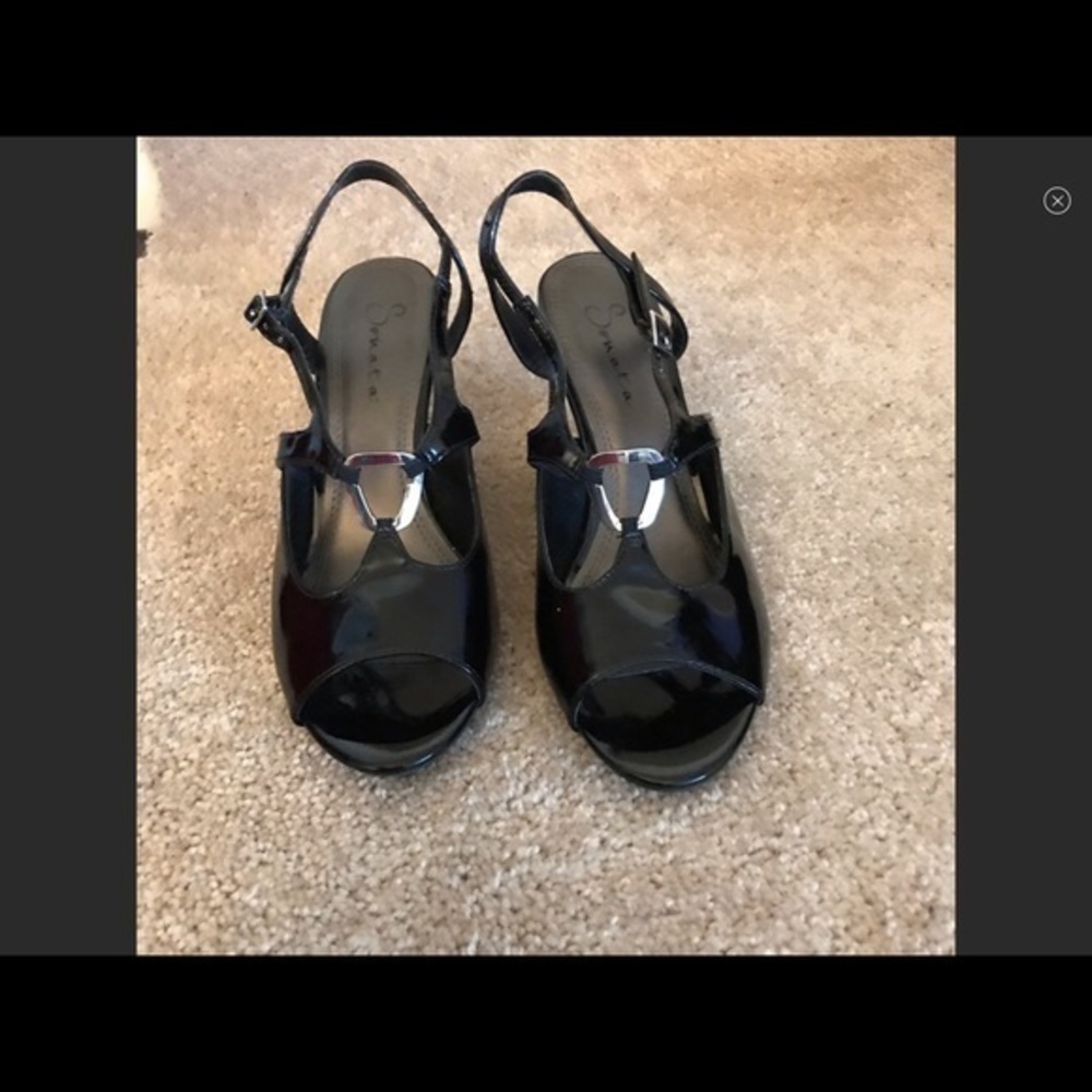 Black Patent Wedge Peep Toe Sandal